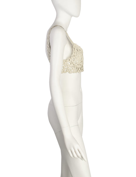 Valentino Vintage SS 1995 Ivory Leather Embroidered Cut Out Bralette Top