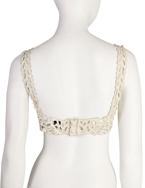 Valentino Vintage SS 1995 Ivory Leather Embroidered Cut Out Bralette Top