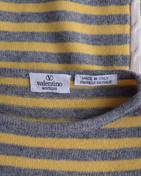 Valentino Vintage 1980s Yellow Grey Striped Wool Sweater