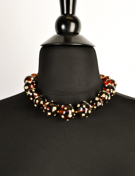 Valentino Vintage Rhinestone Encrusted Root Beer Lucite Bauble Necklace