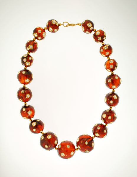 Valentino Vintage Rhinestone Encrusted Root Beer Lucite Bauble Necklace