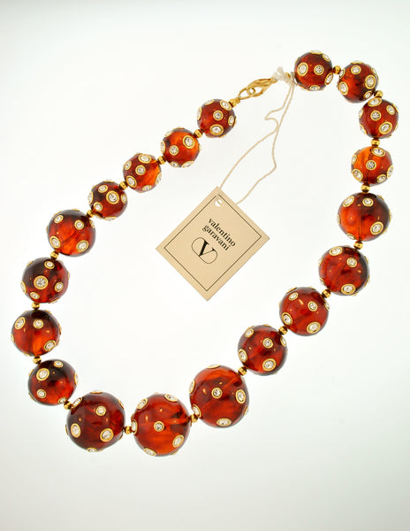 Valentino Vintage Rhinestone Encrusted Root Beer Lucite Bauble Necklace