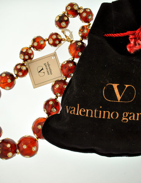 Valentino Vintage Rhinestone Encrusted Root Beer Lucite Bauble Necklace