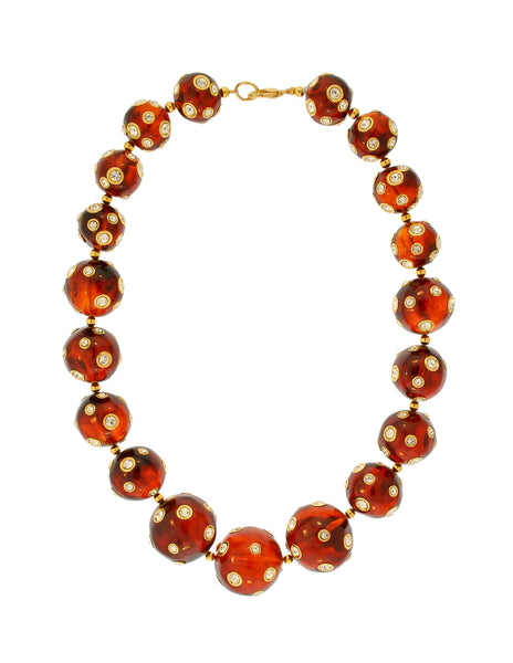 Valentino Vintage Rhinestone Encrusted Root Beer Lucite Bauble Necklace