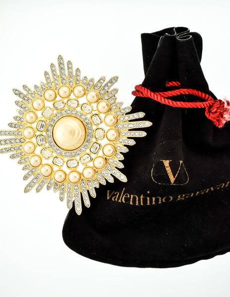 Valentino Vintage Huge Rhinestone & Pearl Gold Burst Brooch - Amarcord Vintage Fashion
 - 7