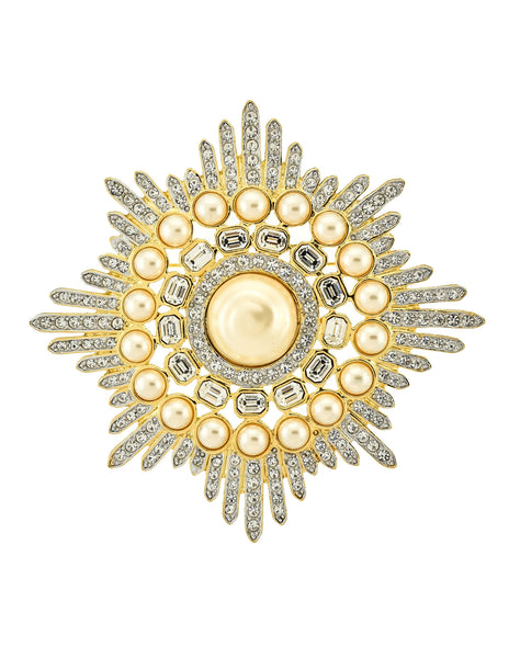 Valentino Vintage Huge Rhinestone & Pearl Gold Burst Brooch - Amarcord Vintage Fashion
 - 1