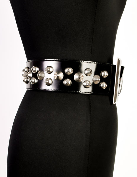 Versace Vintage Black Leather Silver Conic Spike Studded Belt