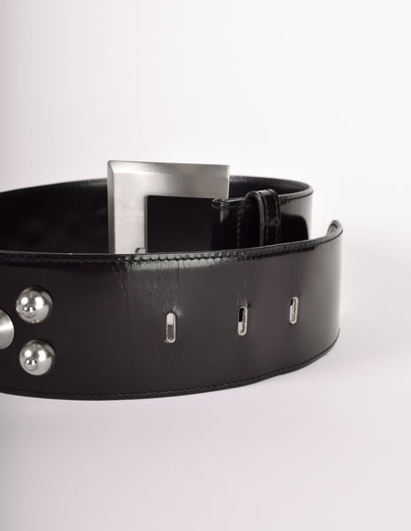 Versace Vintage Black Leather Silver Conic Spike Studded Belt