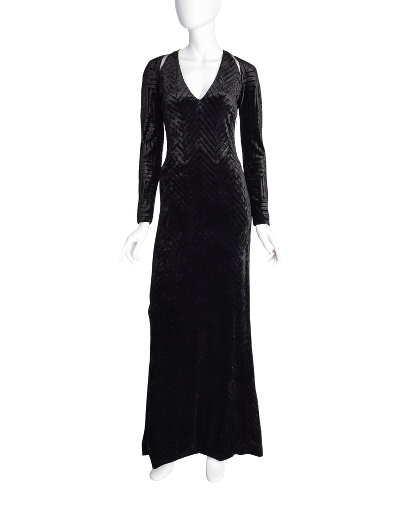 Gianni Versace Vintage Black Chevron Velvet Cutout Maxi Dress ...