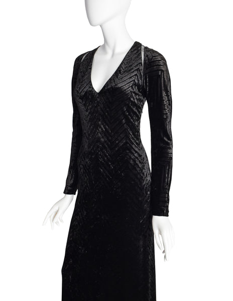 Gianni Versace Vintage Black Chevron Velvet Cutout Maxi Dress