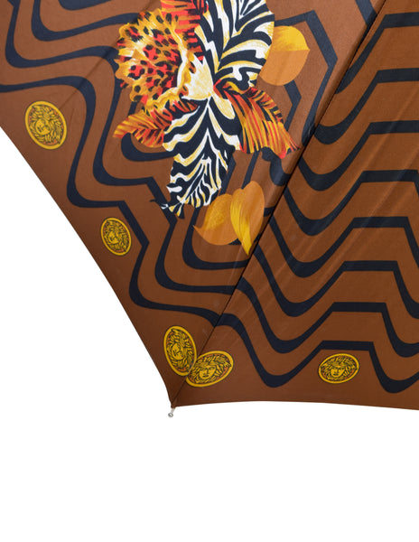 Gianni Versace Vintage Brown Bronze Gold Multicolor Animal Print Floral Umbrella