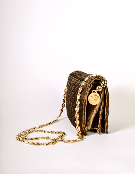 Versace Vintage Brown Quilted Velvet Rhinestone Strap Shoulder Bag