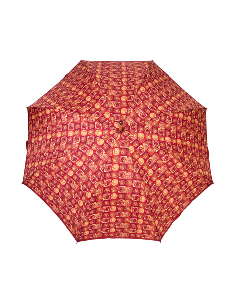 Gianni Versace Vintage Artsy Burgundy Red Gold Medusa Checkerboard Print Umbrella