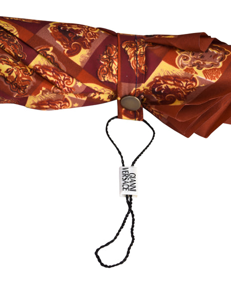 Gianni Versace Vintage Artsy Burgundy Red Gold Medusa Checkerboard Print Umbrella