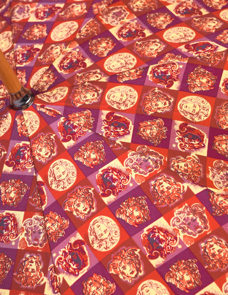 Gianni Versace Vintage Artsy Burgundy Red Gold Medusa Checkerboard Print Umbrella