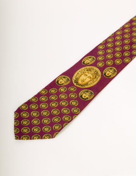 Gianni Versace Vintage Maroon Purple Gold Medusa Medallion Silk Neck Tie