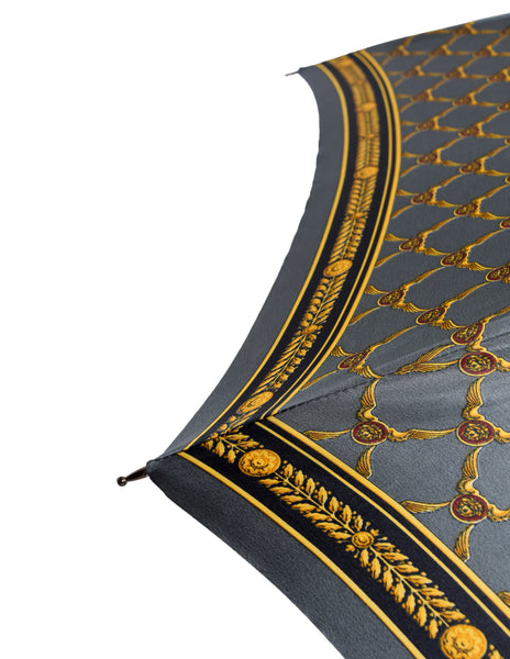 Gianni Versace Vintage Grey Gold Medusa Baroque Print Umbrella