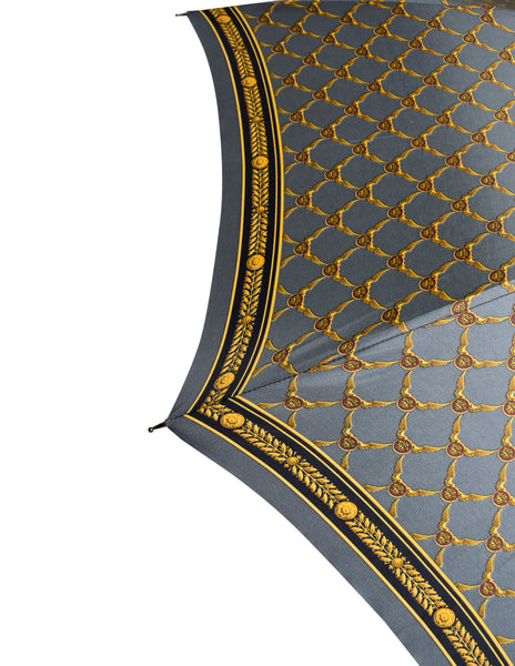 Gianni Versace Vintage Grey Gold Medusa Baroque Print Umbrella