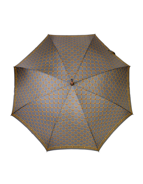 Gianni Versace Vintage Grey Gold Medusa Baroque Print Umbrella