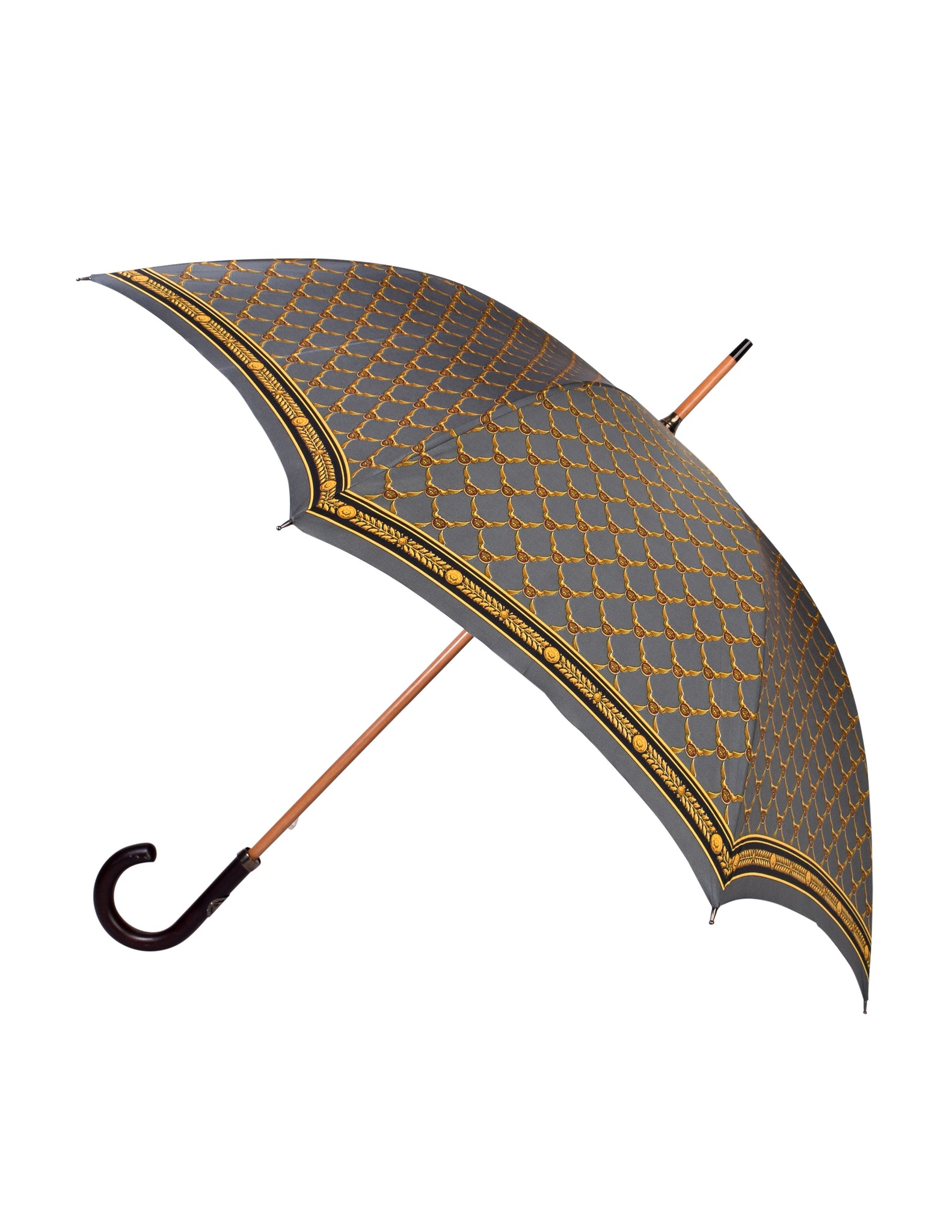 Gianni Versace Vintage Grey Gold Medusa Baroque Print Umbrella