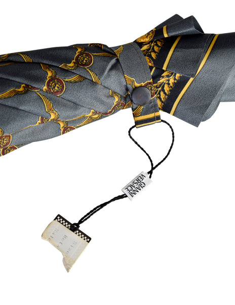 Gianni Versace Vintage Grey Gold Medusa Baroque Print Umbrella