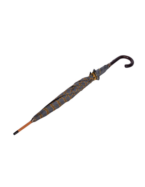 Gianni Versace Vintage Grey Gold Medusa Baroque Print Umbrella