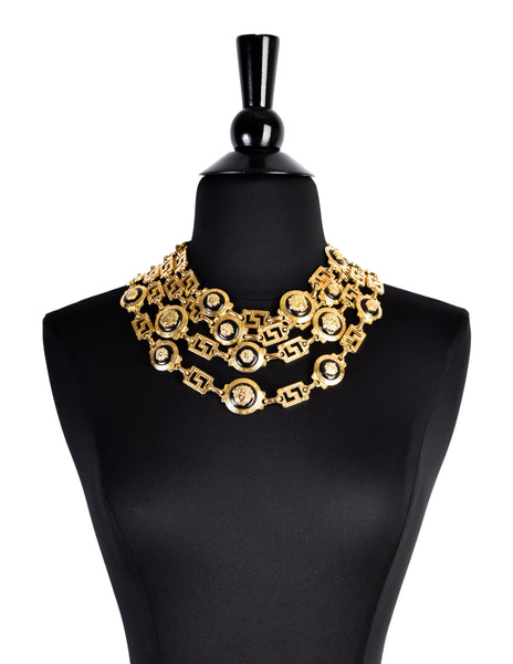 Versace Vintage Gold and Black Four Row Medusa and Greek Key Chain Necklace
