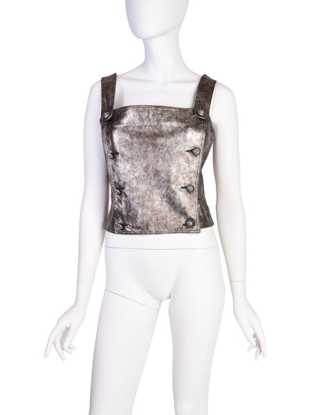 VERSUS Gianni Versace Vintage Metallic Pewter Leather Double Breasted Bustier Top