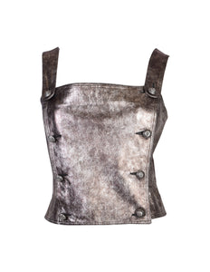 VERSUS Gianni Versace Vintage Metallic Pewter Leather Double Breasted Bustier Top