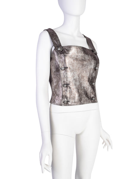 VERSUS Gianni Versace Vintage Metallic Pewter Leather Double Breasted Bustier Top