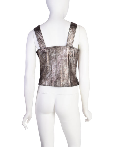 VERSUS Gianni Versace Vintage Metallic Pewter Leather Double Breasted Bustier Top