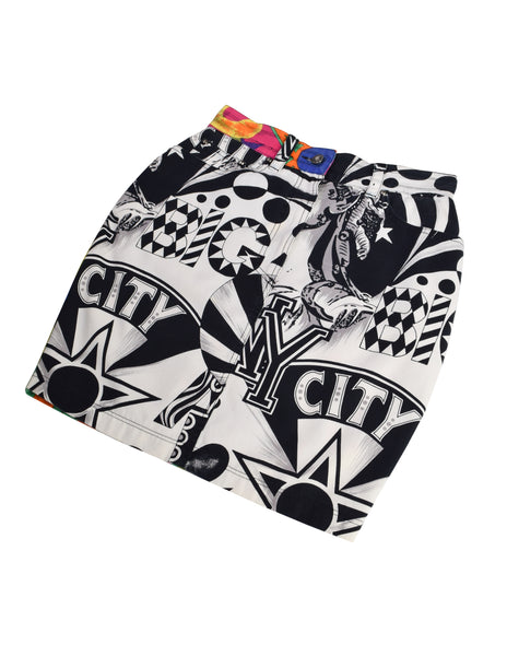 Versace Vintage NY Big City Statue of Liberty Multicolor Print Denim Skirt