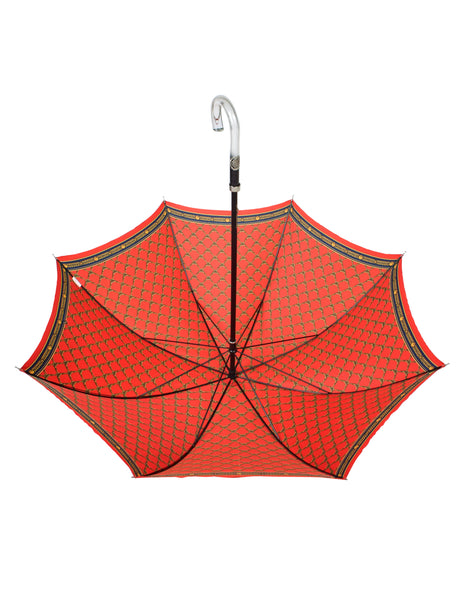 Gianni Versace Vintage Red Gold Medusa Baroque Print Lucite Handle Umbrella