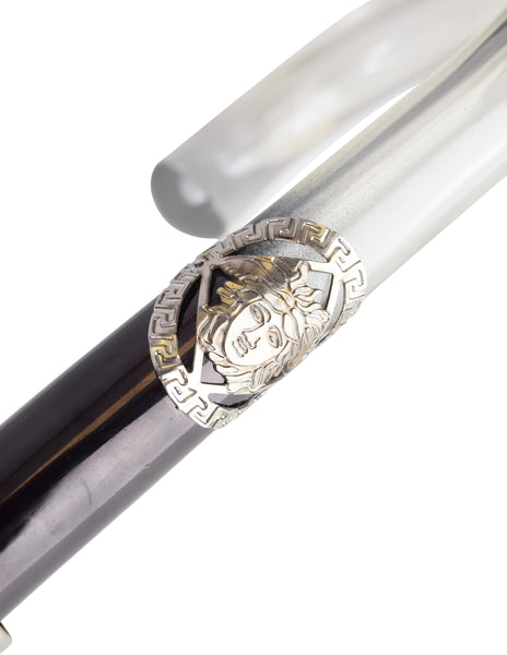 Gianni Versace Vintage Red Gold Medusa Baroque Print Lucite Handle Umbrella