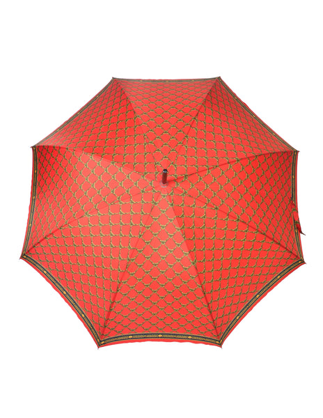 Gianni Versace Vintage Red Gold Medusa Baroque Print Lucite Handle Umbrella