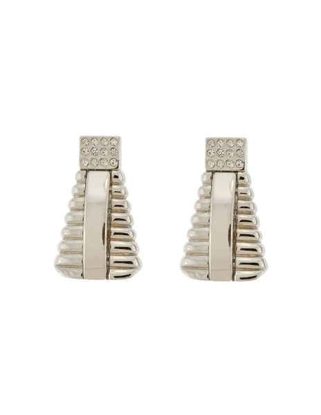 Gianni Versace Vintage Silver Geometric Ribbed Rhinestone Earrings