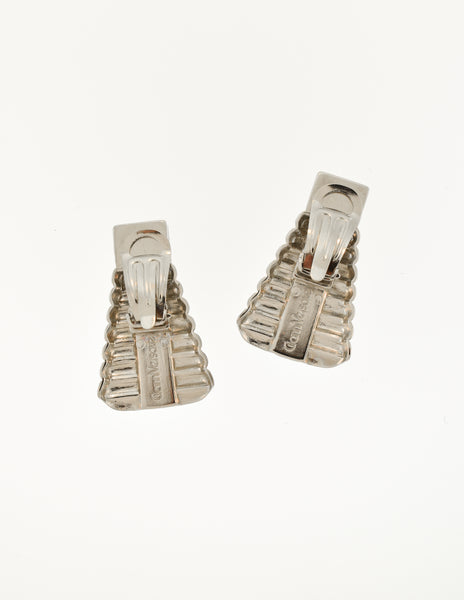 Gianni Versace Vintage Silver Geometric Ribbed Rhinestone Earrings