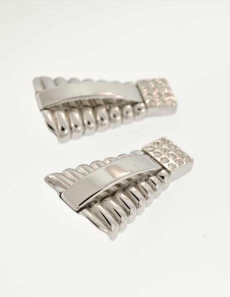 Gianni Versace Vintage Silver Geometric Ribbed Rhinestone Earrings