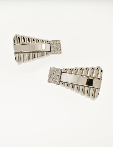 Gianni Versace Vintage Silver Geometric Ribbed Rhinestone Earrings
