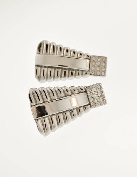 Gianni Versace Vintage Silver Geometric Ribbed Rhinestone Earrings
