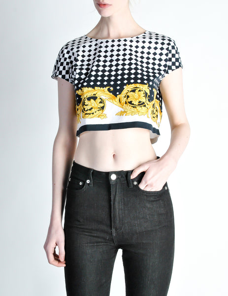 Versace Vintage Checkered Baroque Crop Top - Amarcord Vintage Fashion
 - 4