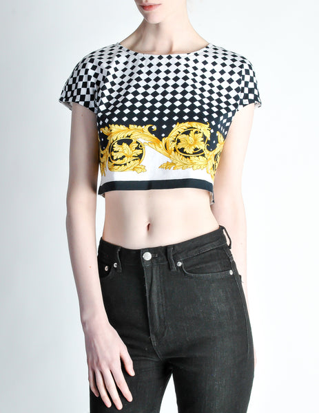 Versace Vintage Checkered Baroque Crop Top - Amarcord Vintage Fashion
 - 3