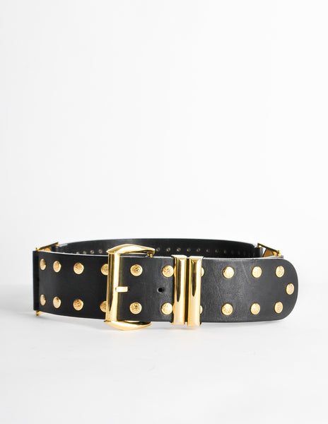Versace Vintage Black and Gold Studded Medusa Belt