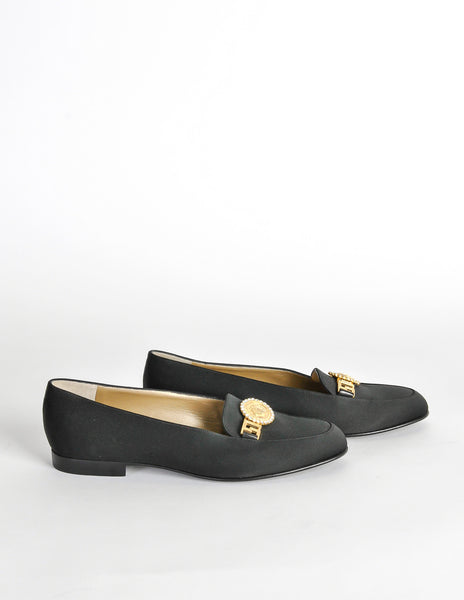 Versace Vintage Black Satin Medusa Loafers