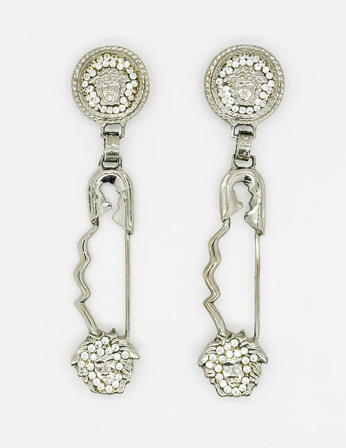 Versace Vintage Giant Silver Medusa Safety Pin Earrings Amarcord