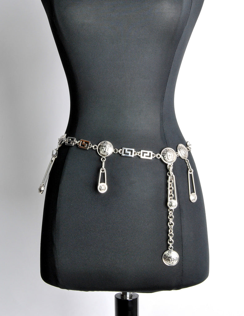Versace Vintage Silver Medusa Safety Pin Chain Belt Amarcord