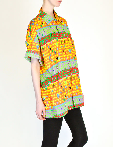 Versace Vintage Colorful Triangle Graphic Print Button Up Shirt