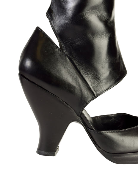 Versus Versace Vintage Black Leather Cut Out Curved Heel Boots