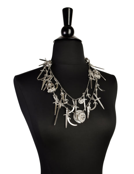 Versus Versace Vintage 1994 Skull Rose Knife and Dagger Silver Charm Necklace