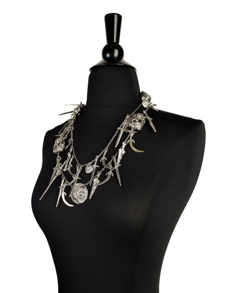 Versus Versace Vintage 1994 Skull Rose Knife and Dagger Silver Charm Necklace